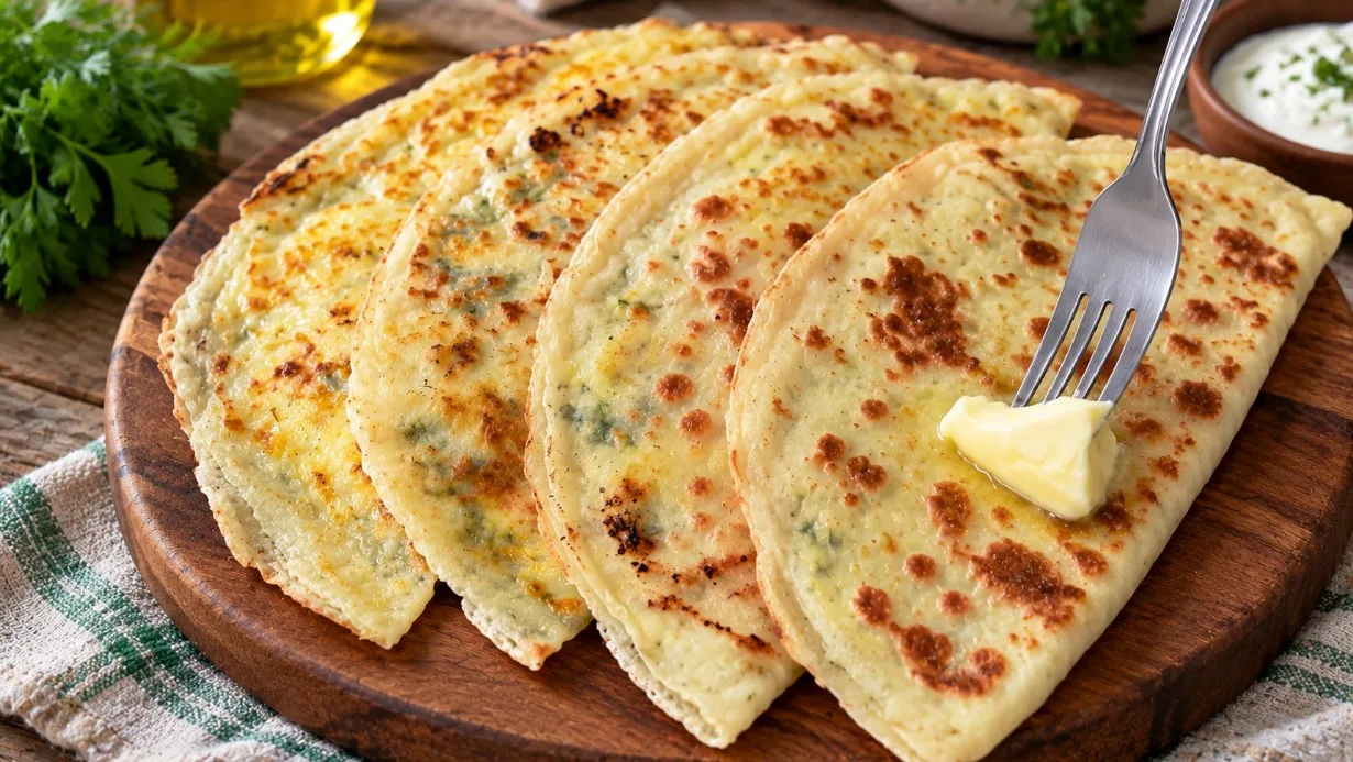 Горячая лепешка с творожной начинкой, золотистая хрустящая корочка, видна сочная творожно-чесночная масса внутри, на деревянной доске