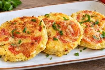 Куриные лепёшки с расплавленным сыром и помидором