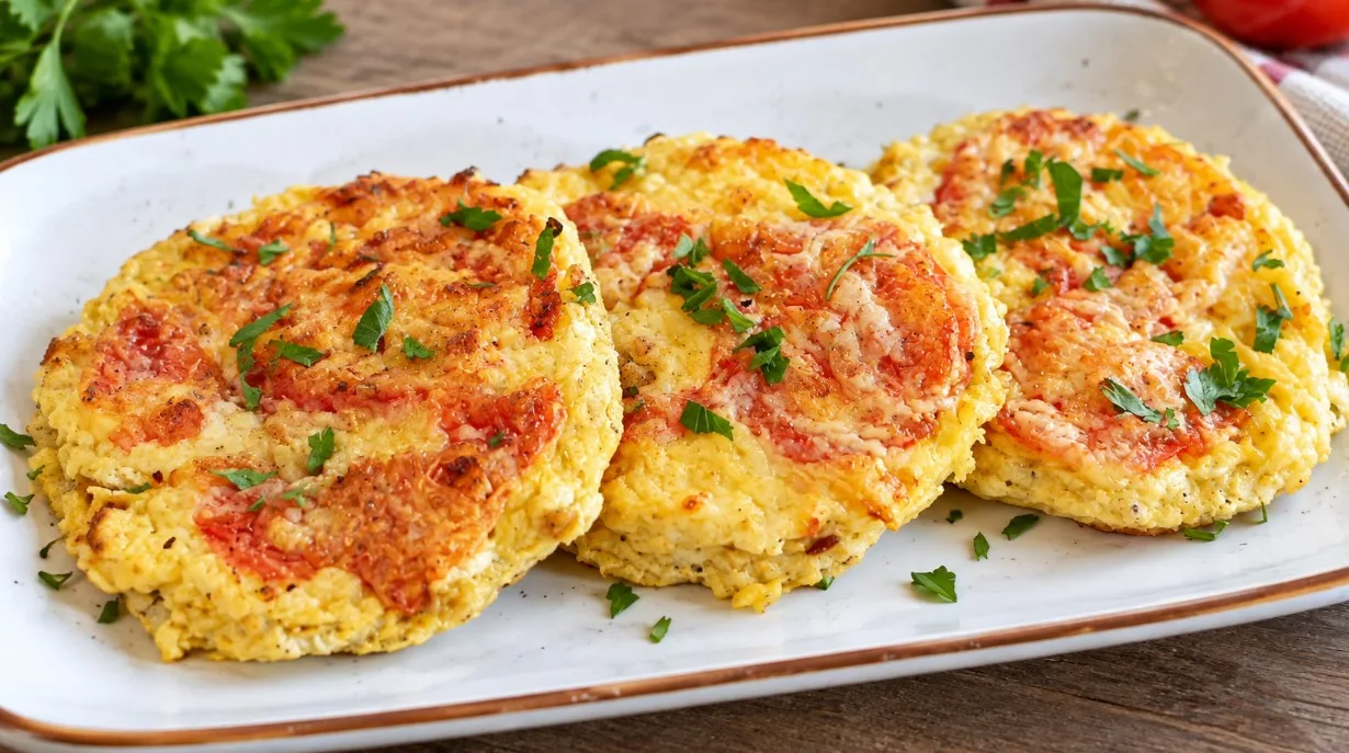 Куриные лепёшки с расплавленным сыром и помидором
