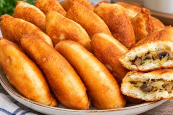 Золотистые пирожки с капустой и грибами на бумажном полотенце, видна сочная начинка и воздушное тесто в разрезе