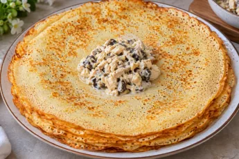 Стопка золотистых блинов с грибной-куриной начинкой