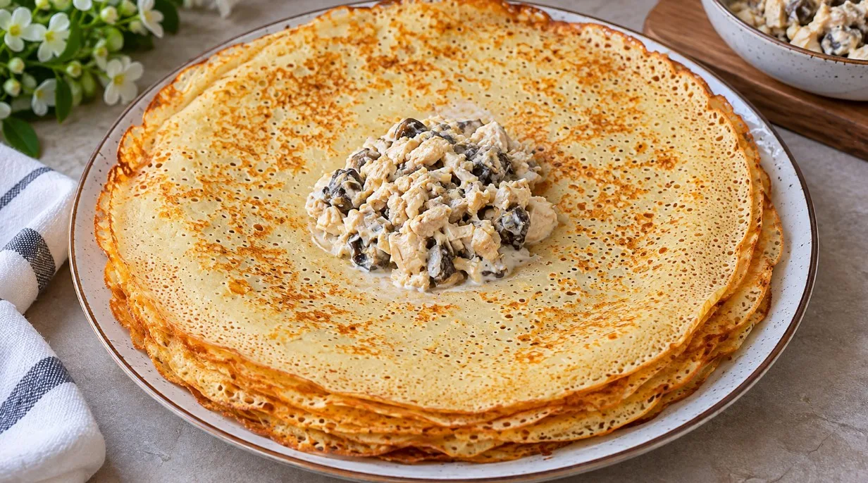 Стопка золотистых блинов с грибной-куриной начинкой