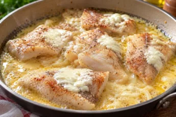 Тушеный хек в сковороде с луком и сметанным соусом, видна нежная текстура рыбы и густой ароматный соус
