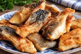 Золотистые кусочки жареной речной рыбы на тарелке, видна хрустящая корочка и сочная мякоть в разрезе