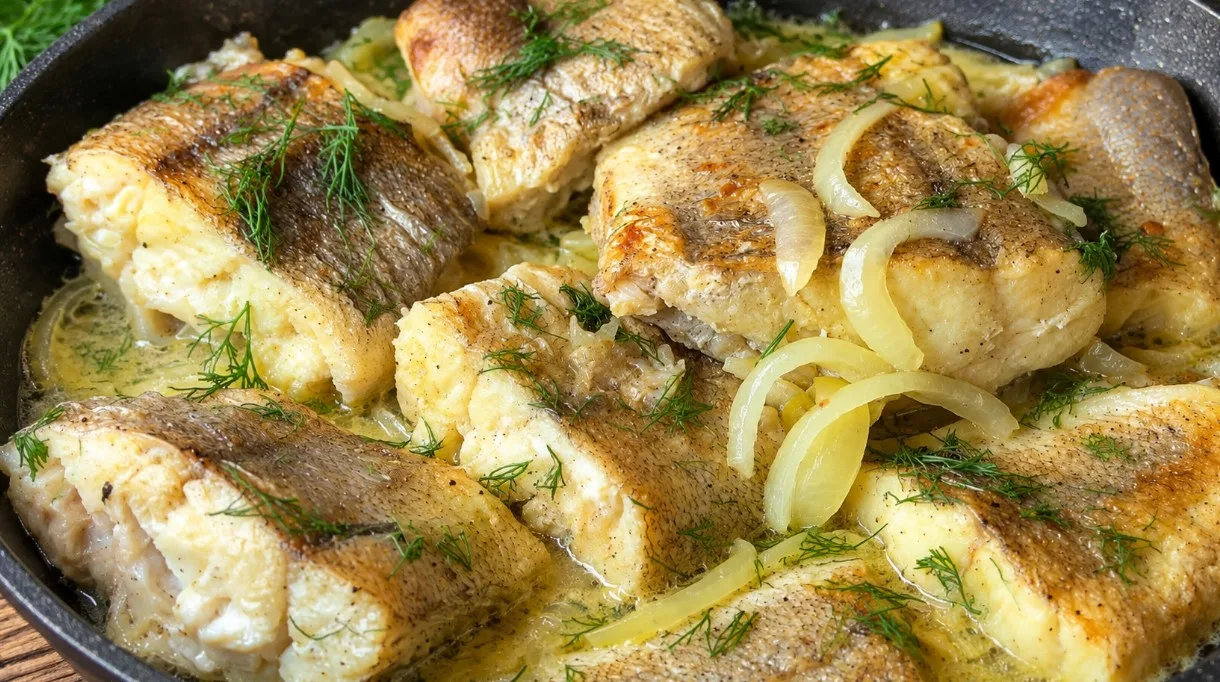 Сочные кусочки жареной рыбы с карамелизированным луком, посыпаны свежим укропом
