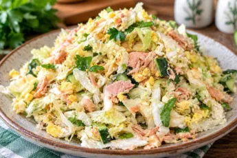 Свежий салат из пекинской капусты с тунцом, яйцами и огурцами, политый горчичной заправкой, украшен зеленью