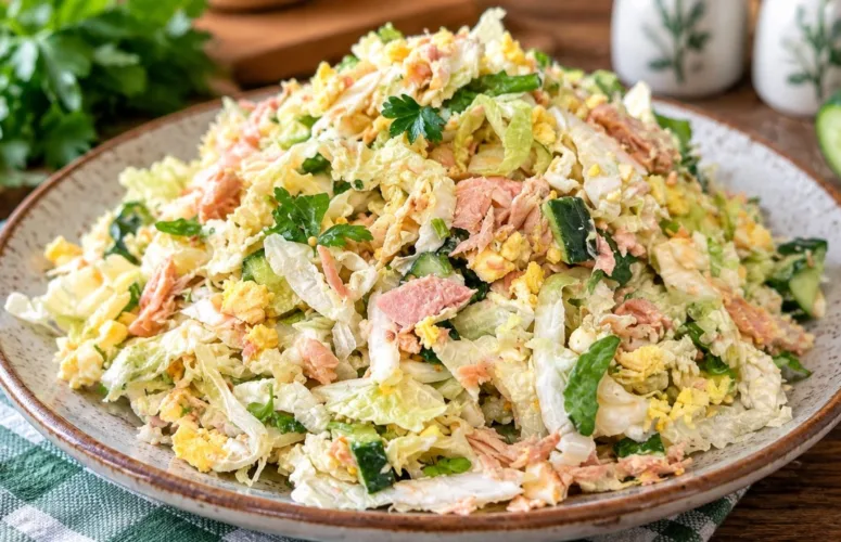 Свежий салат из пекинской капусты с тунцом, яйцами и огурцами, политый горчичной заправкой, украшен зеленью