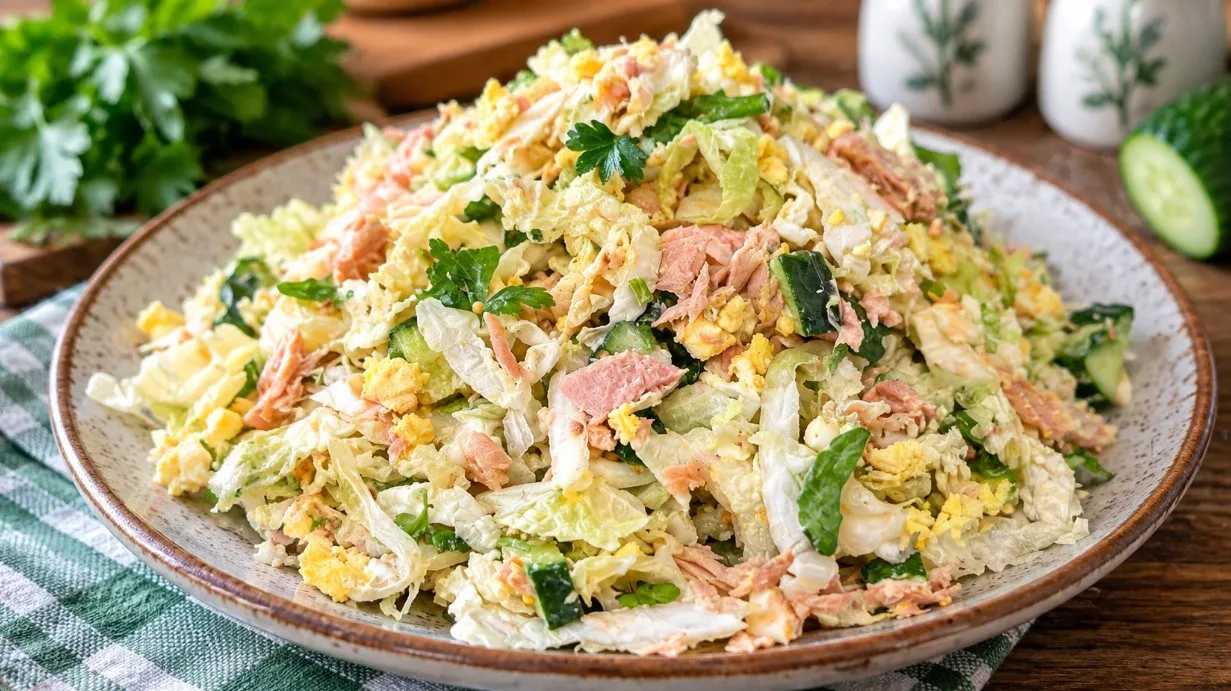Свежий салат из пекинской капусты с тунцом, яйцами и огурцами, политый горчичной заправкой, украшен зеленью