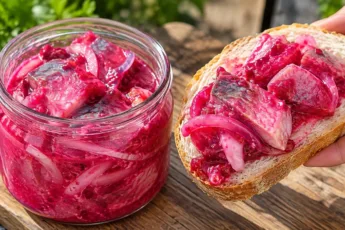 Маринованная селедка с хреном в стеклянной банке, видны кусочки рыбы в кремовом маринаде с луком