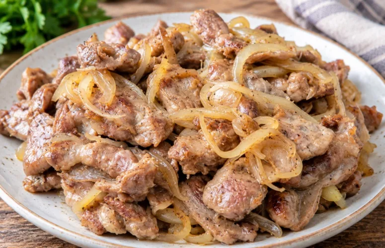 Золотистые жареные куриные желудки с луком на тарелке