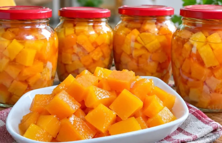 Баночка с янтарными кусочками «манго» из тыквы в сиропе