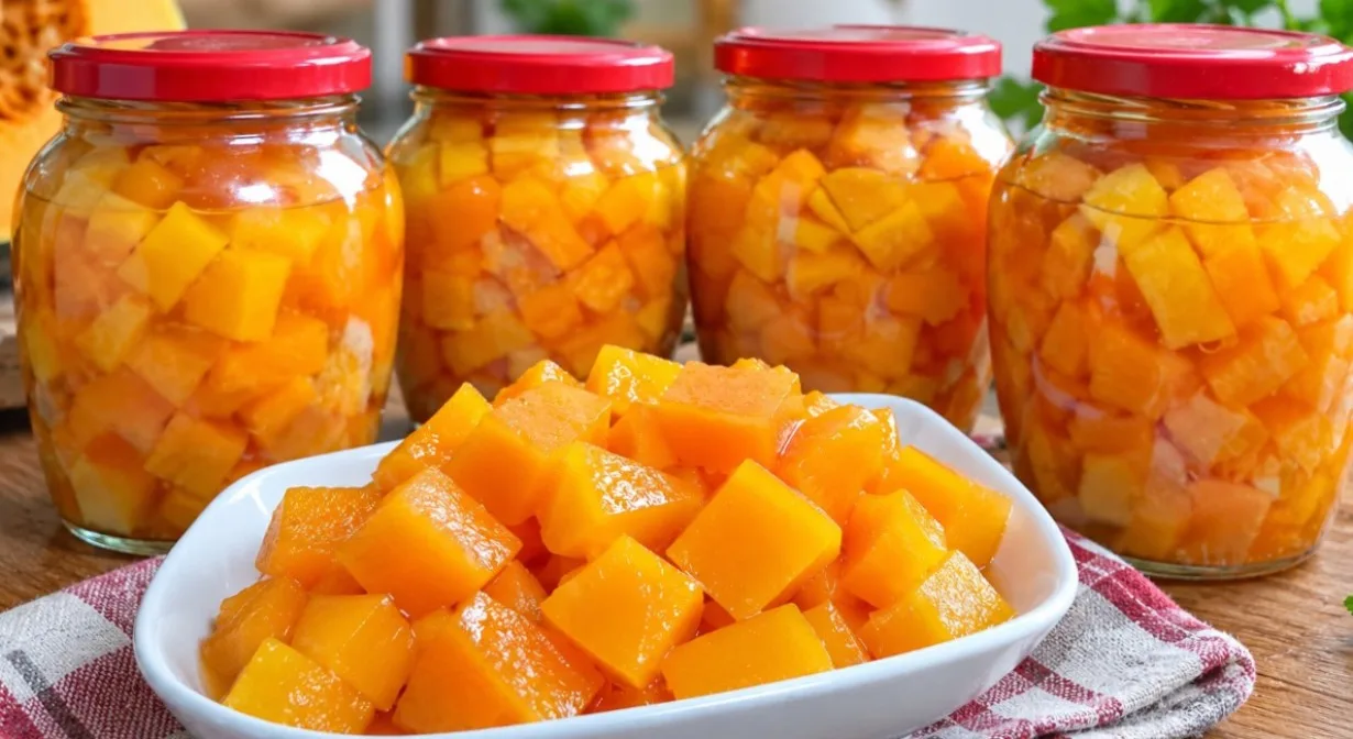 Баночка с янтарными кусочками «манго» из тыквы в сиропе