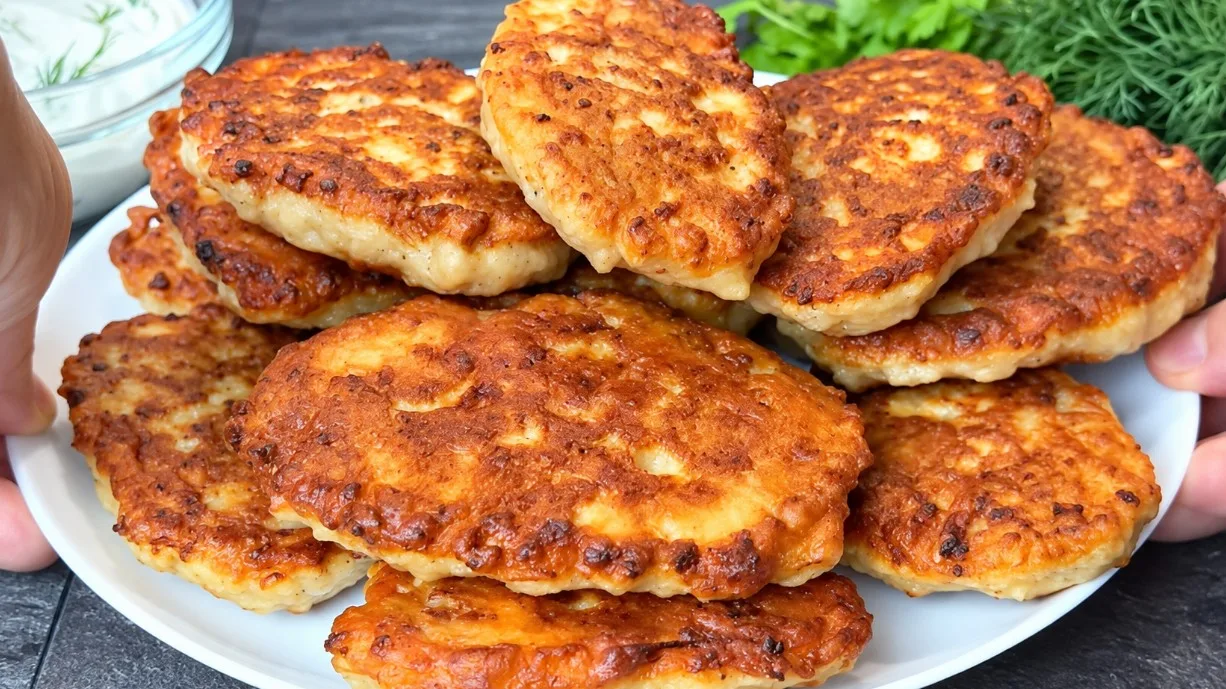 Пышная стопка румяных жареных ленивых беляшей с мясной начинкой на белой тарелке.
