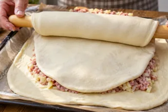 Процесс приготовления большого домашнего пирога с картошкой и фаршем на противне, верхний слой тонкого бездрожжевого теста аккуратно переносят с помощью деревянной скалки на мясную начинку