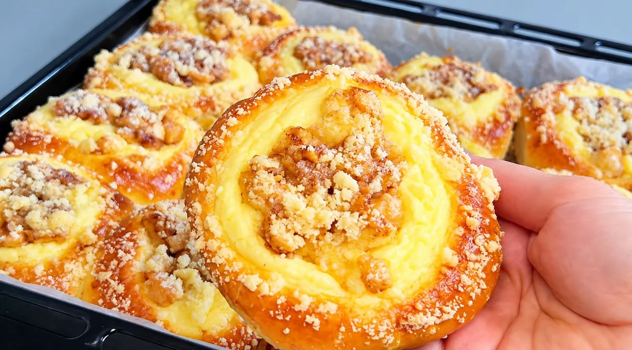 Золотистая булочка с творожно-яблочной начинкой и хрустящей крошкой