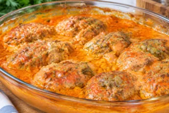 Крупные румяные ленивые голубцы овальной формы в глубокой стеклянной форме для запекания, обильно политые густым оранжевым сметанно-томатным соусом