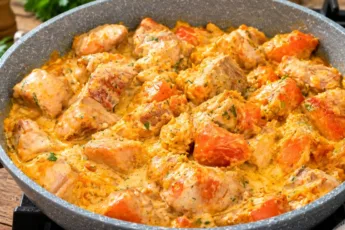 Кусочки сочной жареной курицы и мягкие кубики оранжевой тыквы в густом белом чесночно-сметанном соусе с мелко нарезанной зеленью кинзы на сковороде