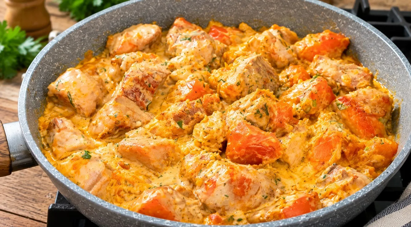 Кусочки сочной жареной курицы и мягкие кубики оранжевой тыквы в густом белом чесночно-сметанном соусе с мелко нарезанной зеленью кинзы на сковороде