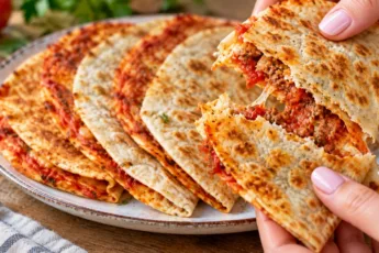 Аппетитные румяные лепешки из лаваша с сочным мясным фаршем, сложенные пополам в виде чебуреков