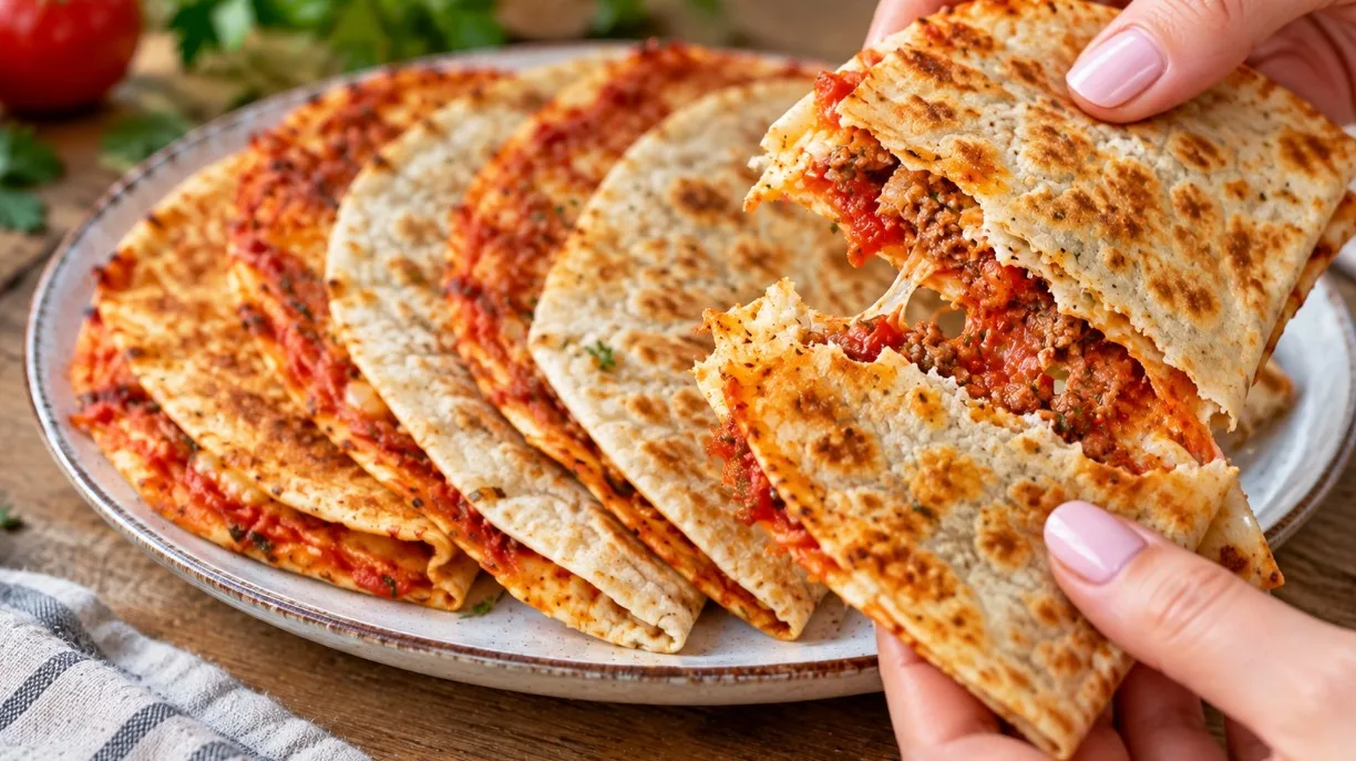 Аппетитные румяные лепешки из лаваша с сочным мясным фаршем, сложенные пополам в виде чебуреков