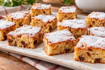 Разрез яблочной «Мазурки» с кусочками яблок, орехов и изюма, посыпанной сахарной пудрой, видна пористая воздушная текстура
