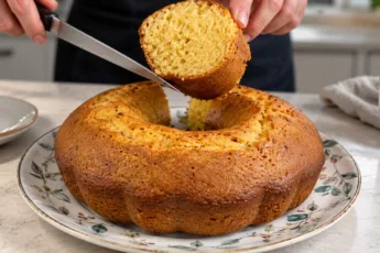 Пышный золотистый медовый кекс на тарелке