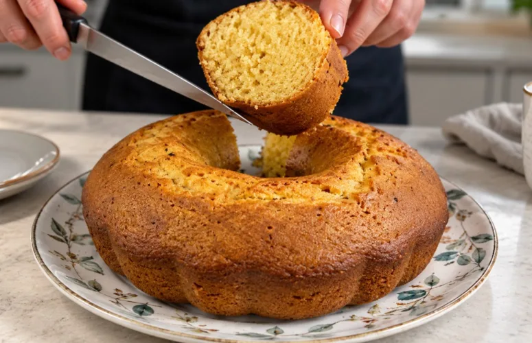 Пышный золотистый медовый кекс на тарелке