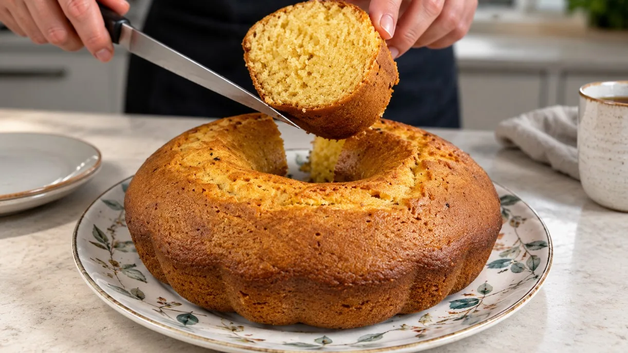 Пышный золотистый медовый кекс на тарелке