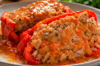 Фаршированные перцы с мясной начинкой и рисом в разрезе