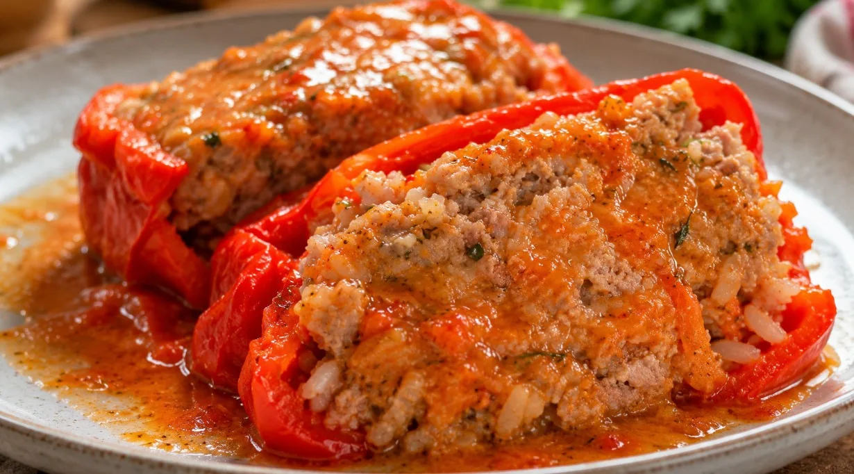 Фаршированные перцы с мясной начинкой и рисом в разрезе
