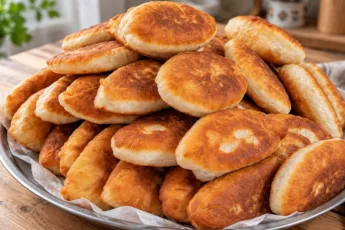 Большая гора румяных золотистых жареных пирожков на тарелке