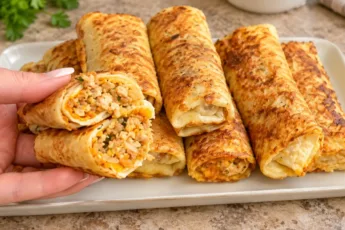 Румяные золотистые пирожки из лаваша с мясным фаршем, обжаренные в яйце, выложенные на тарелку с зеленью