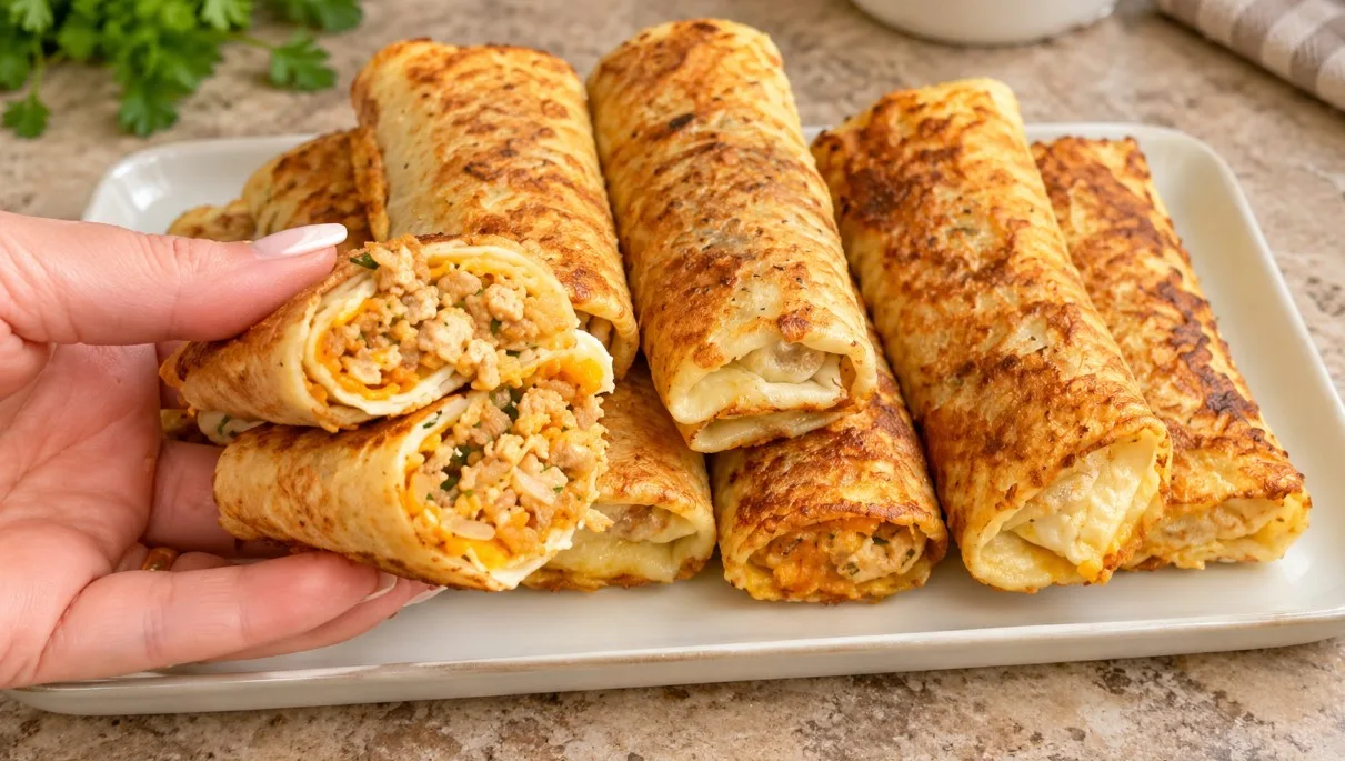 Румяные золотистые пирожки из лаваша с мясным фаршем, обжаренные в яйце, выложенные на тарелку с зеленью