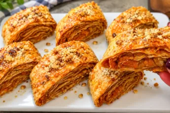 Золотистые булочки из лаваша, политые медом и посыпанные орехами, видна сочная тыквенная начинка в разрезе