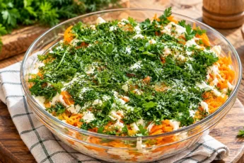 Аппетитный слоеный салат с куриной печенью в прозрачном салатнике, верхний слой из золотистой жареной моркови обильно украшен сеточкой из майонеза и мелко нарубленной свежей зеленью