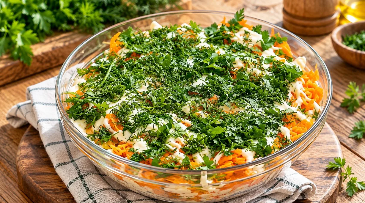 Аппетитный слоеный салат с куриной печенью в прозрачном салатнике, верхний слой из золотистой жареной моркови обильно украшен сеточкой из майонеза и мелко нарубленной свежей зеленью
