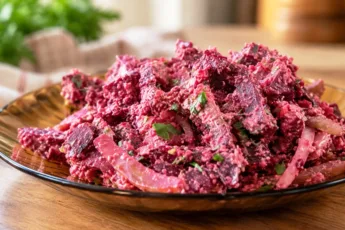 Яркий свекольный салат, заправленный густым соусом из грецких орехов и чеснока, украшенный маринованным красным луком и листочками свежей кинзы