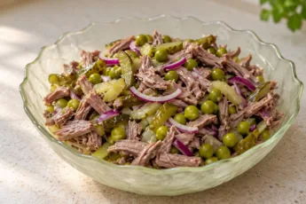 Мясной салат со слоями из сочной отварной говядины, зеленого горошка, маринованных огурцов и маринованного лука, политый ароматным чесночным маслом