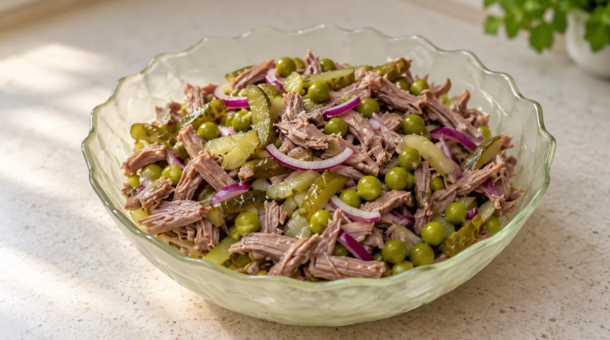 Мясной салат со слоями из сочной отварной говядины, зеленого горошка, маринованных огурцов и маринованного лука, политый ароматным чесночным маслом