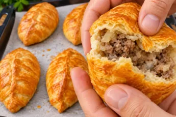 Процесс разламывания руками румяного домашнего пирожка, крупным планом видна сочная мясная начинка с луком и пышное слоеное тесто, на заднем плане выпечка на противне.