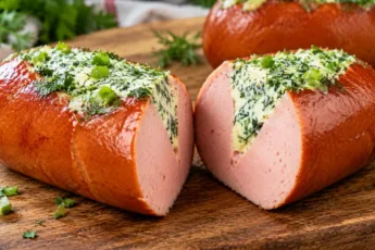 Две горячие запеченные сардельки с золотистой румяной корочкой на тарелке, фаршированные расплавленным сыром и соусом из сметаны с большим количеством свежей зелени