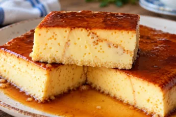 Изысканный кокосовый флан прямоугольной формы на красивом блюде, десерт имеет нежную кремовую текстуру, сверху он щедро полит жидкой глянцевой карамелью янтарного цвета и аккуратно присыпан белой кокосовой стружкой