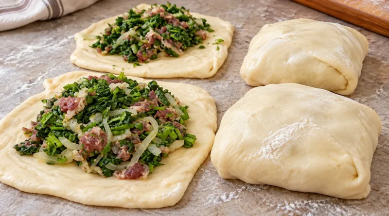 Процесс приготовления домашней самсы: начинка из сырого мяса со шпинатом и луком на тонко раскатанных пластах теста и уже сформированные квадратные конверты