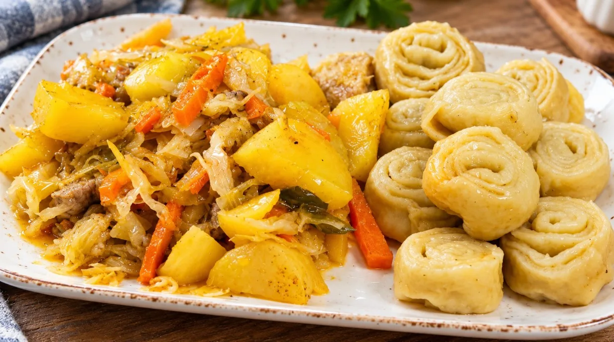 Домашние штрудли с мясом и картофелем в тарелке, крупным планом видны пышные паровые рулетики из теста с чесночной начинкой, кусочки тушеной свинины, картошка и квашеная капуста