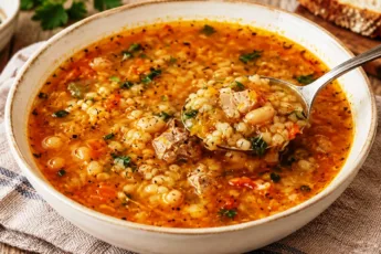 Пошаговый рецепт густого, сытного и согревающего ячневого супа на мясном бульоне с корнем сельдерея, томатами и чесноком. Идеальное первое блюдо для осенне-зимнего меню