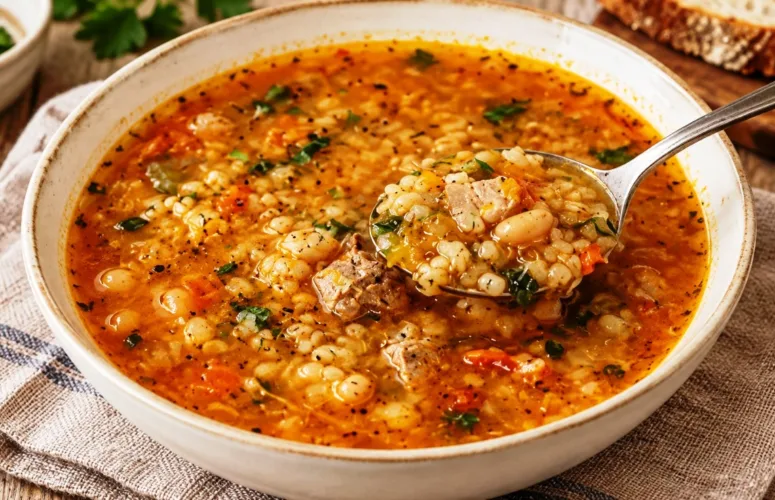 Пошаговый рецепт густого, сытного и согревающего ячневого супа на мясном бульоне с корнем сельдерея, томатами и чесноком. Идеальное первое блюдо для осенне-зимнего меню