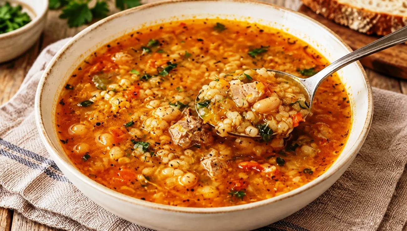 Пошаговый рецепт густого, сытного и согревающего ячневого супа на мясном бульоне с корнем сельдерея, томатами и чесноком. Идеальное первое блюдо для осенне-зимнего меню