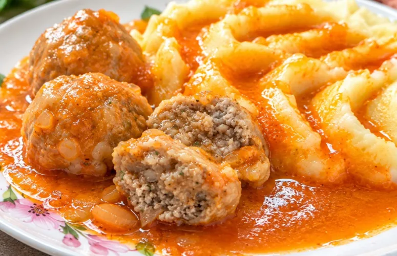 Советские мясные тефтели по ГОСТу с густым красным соусом и воздушным картофельным пюре, одна тефтелина на переднем плане разломлена пополам, демонстрируя сочный мясной фарш