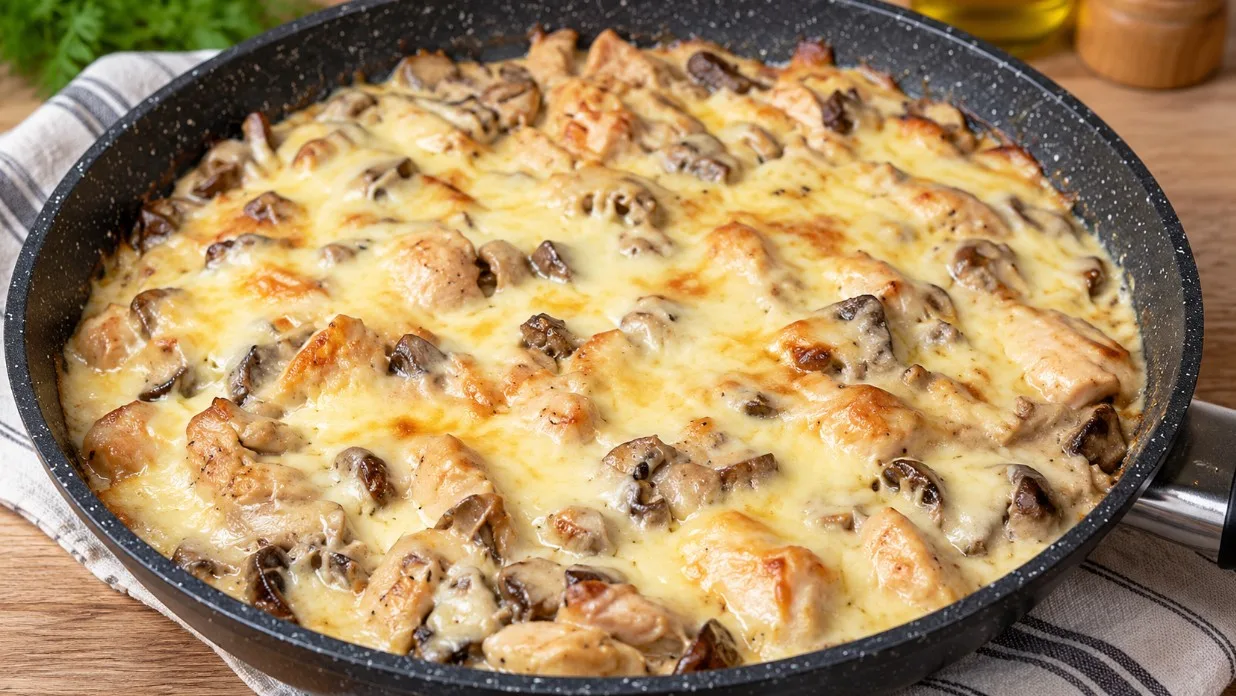 Аппетитный горячий жульен с курицей и грибами в глубокой сковороде, вся поверхность блюда покрыта плотным слоем расплавленного тягучего желтого сыра с румяной корочкой